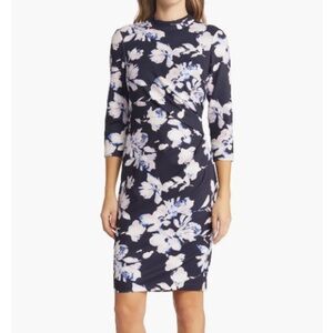 Eliza J Navy Blue White Pink Floral Mock Neck Draped Cut Out Back Sheath Dress